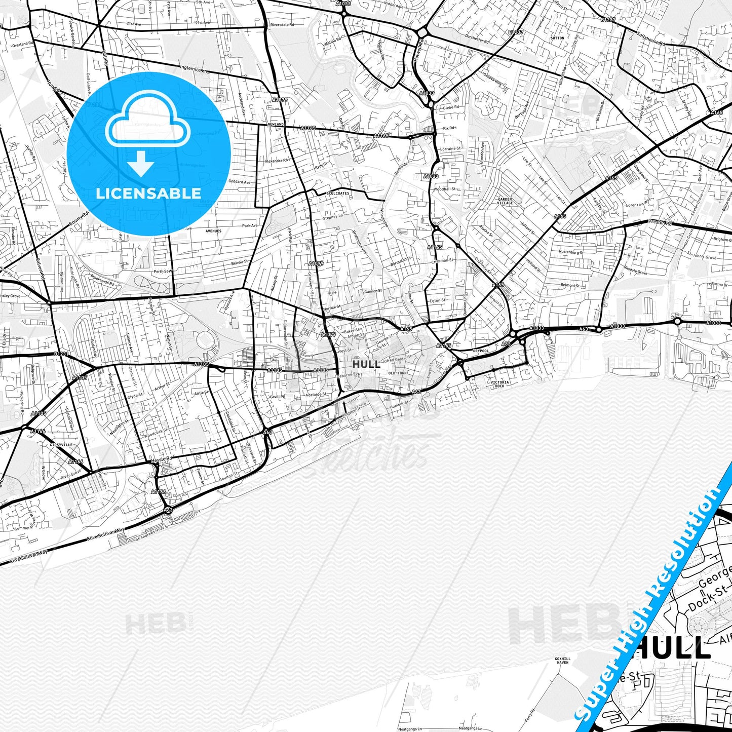 Kingston upon Hull, England Light Map with Street Names, City Names, and Districts