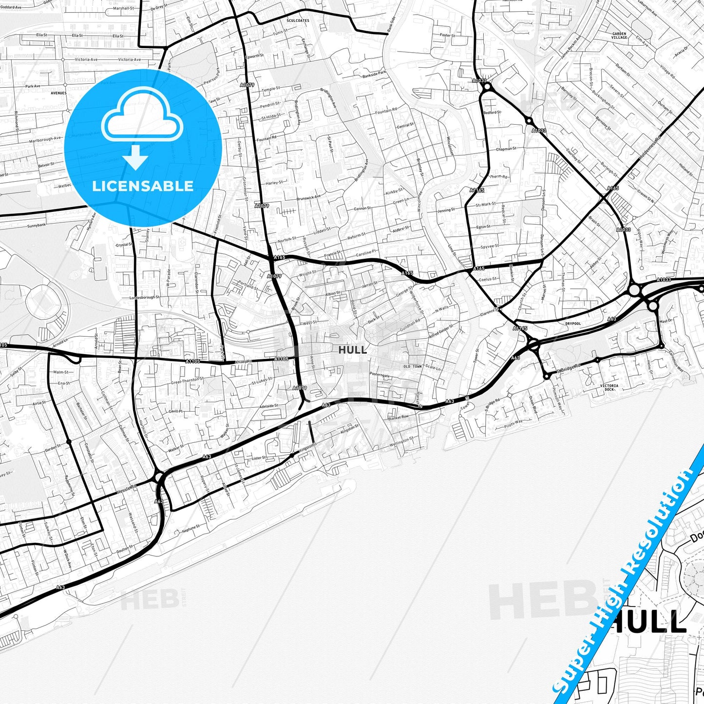 Kingston upon Hull, England Light Map with Street Names, City Names, and Districts