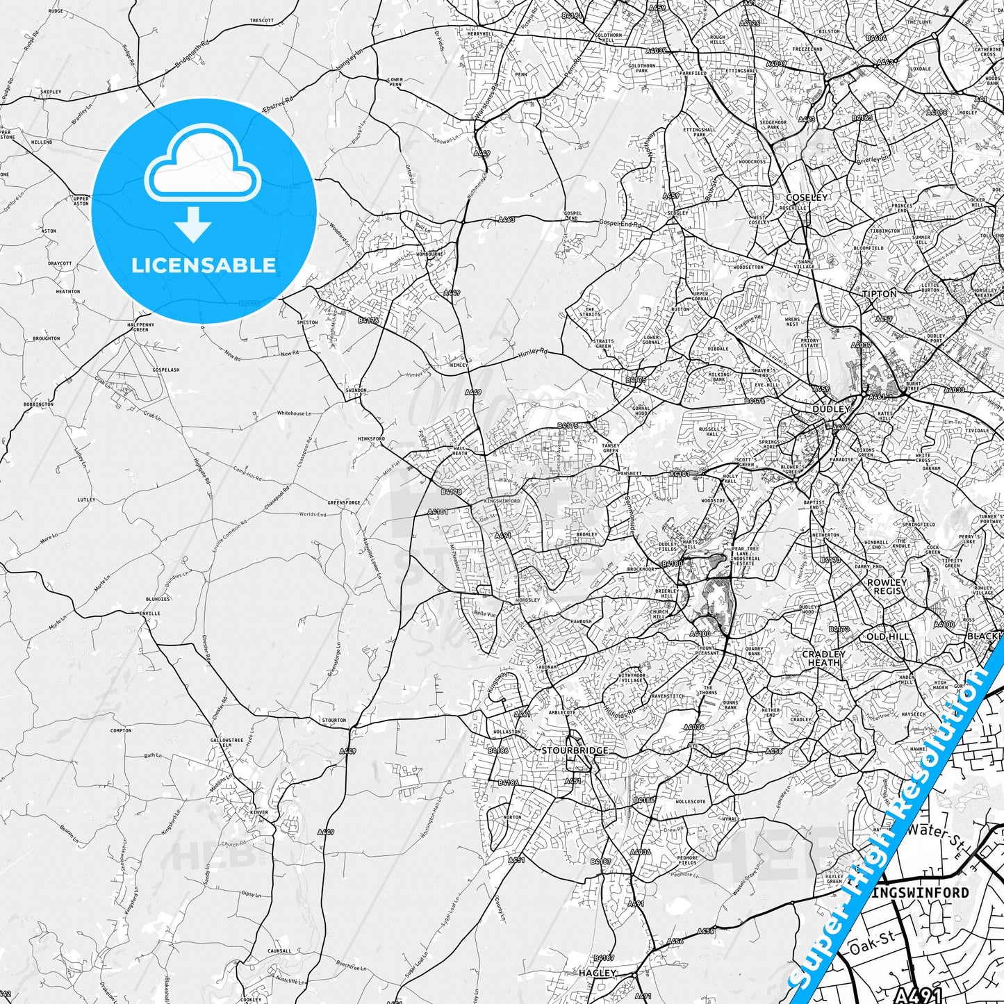 Kingswinford, England light map with streetnames, citynames and districts