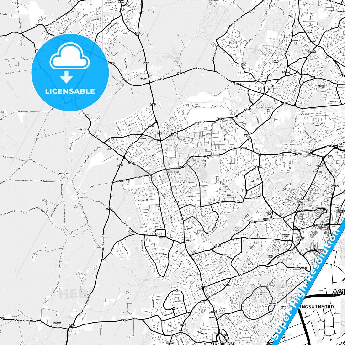 Kingswinford, England Light Map with Street Names, City Names, and Districts