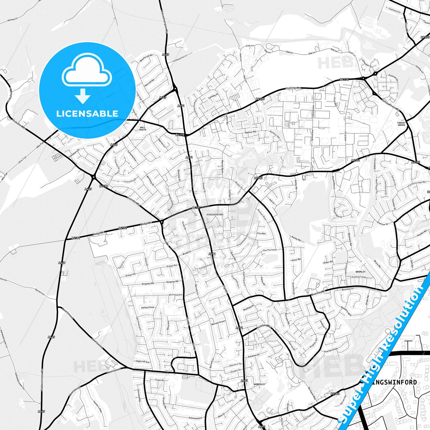 Kingswinford, England Light Map with Street Names, City Names, and Districts