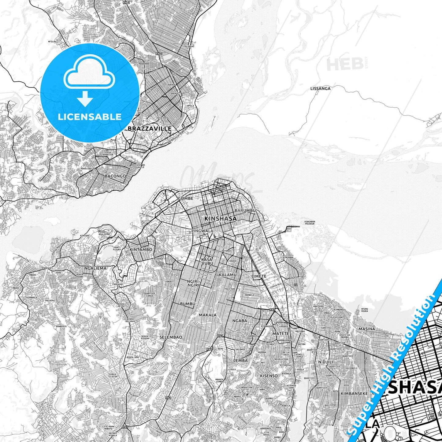 Kinshasa, DR Congo light map with streetnames, citynames and districts