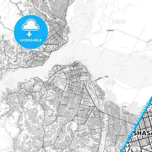 Kinshasa, DR Congo light map with streetnames, citynames and districts