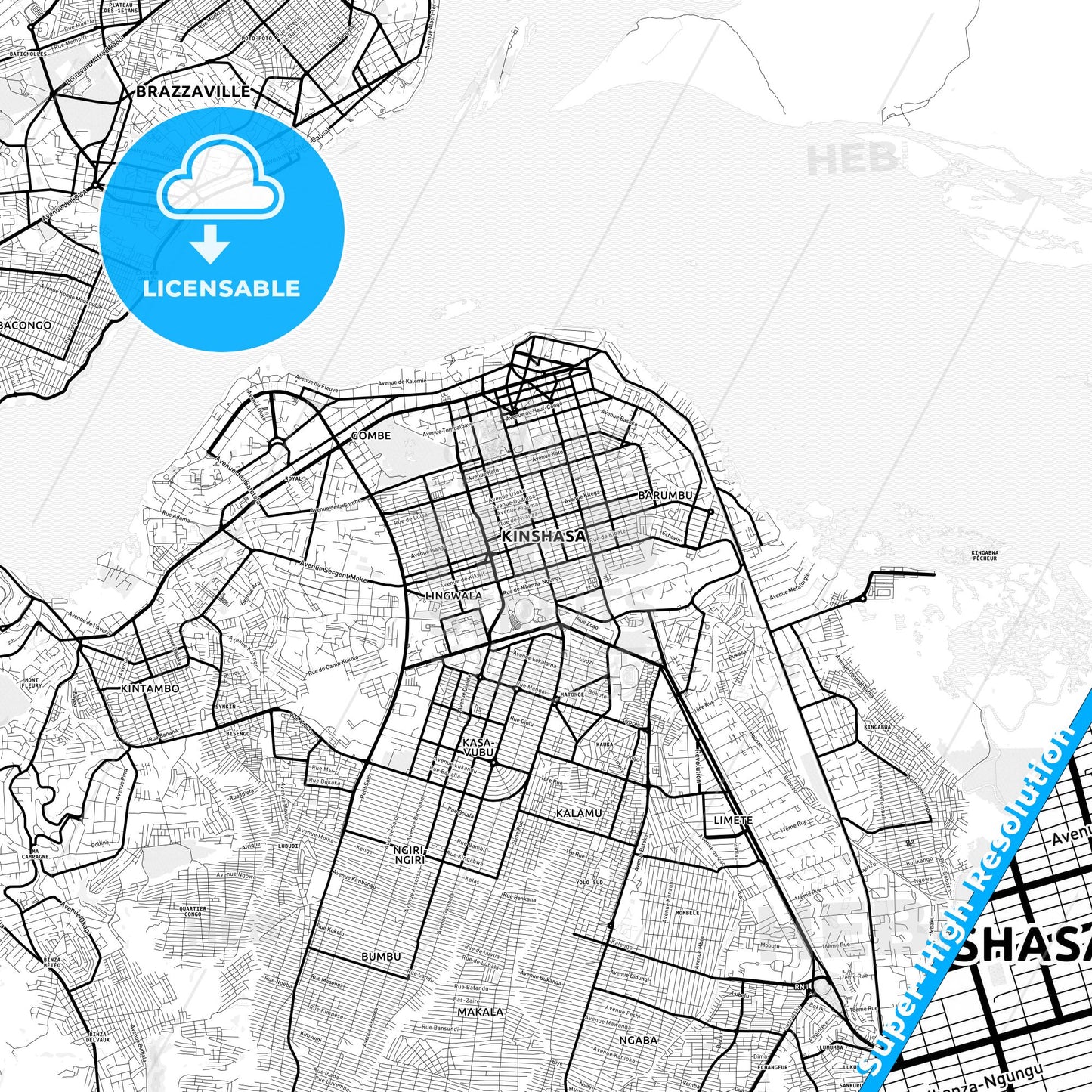 Kinshasa, DR Congo Light Map with Street Names, City Names, and Districts