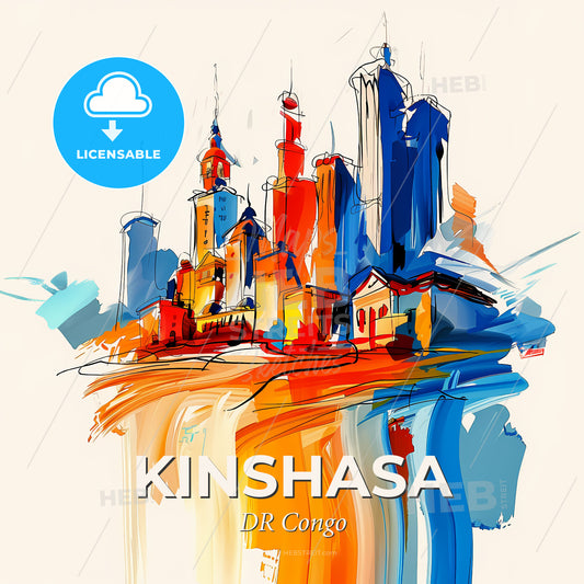 Vibrant Kinshasa, Dr Congo - A Colorful Cityscape With Towers And A Waterfall - Square format print template
