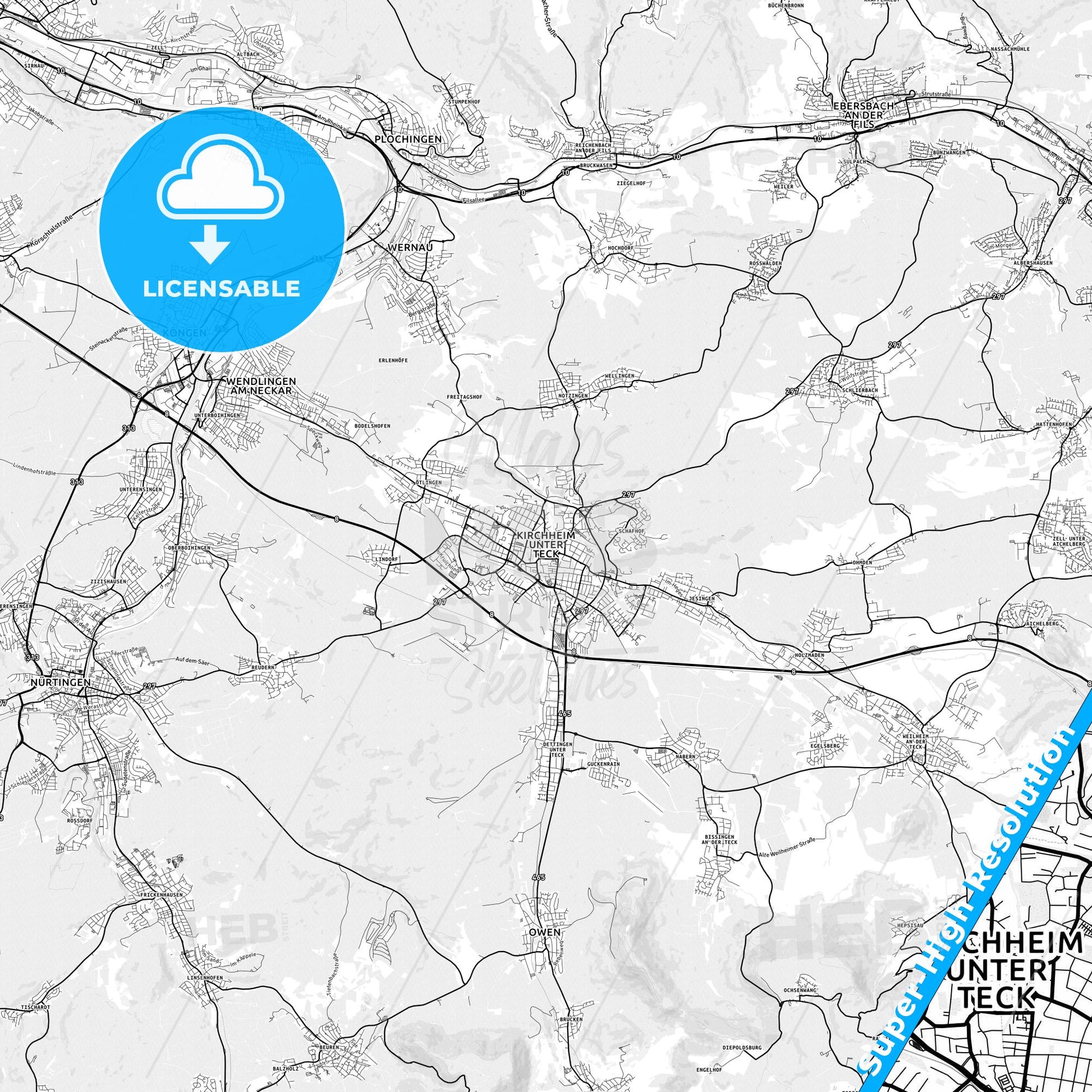 Kirchheim unter Teck, Germany light map with streetnames, citynames and districts