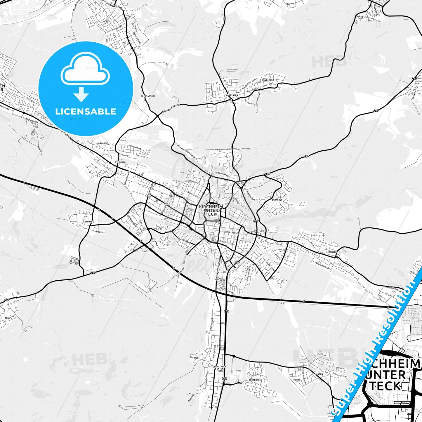 Kirchheim unter Teck, Germany Light Map with Street Names, City Names, and Districts