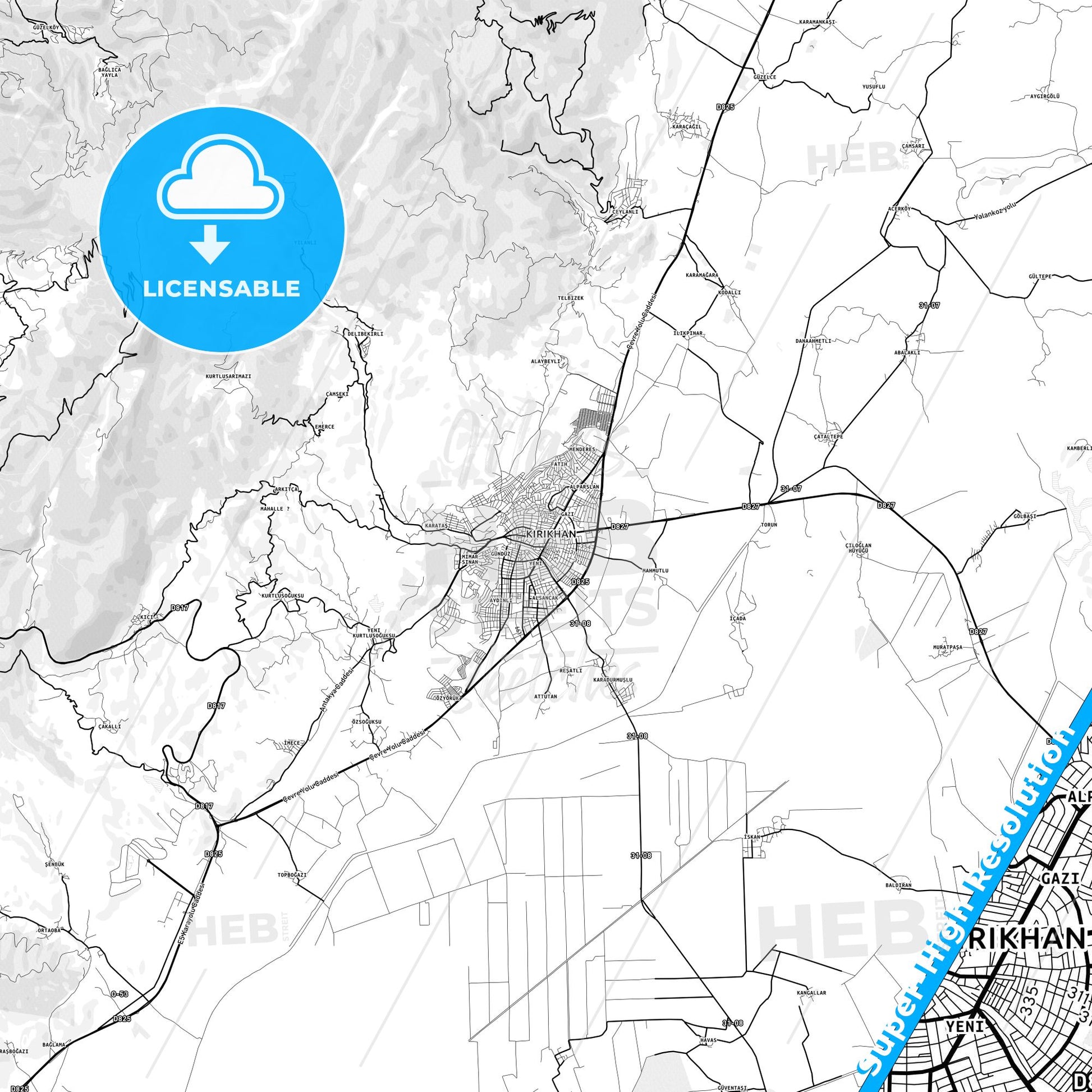 Kırıkhan, Turkey light map with streetnames, citynames and districts