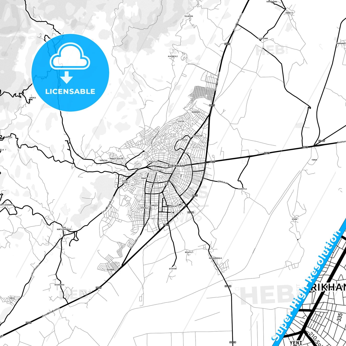 Kırıkhan, Turkey Light Map with Street Names, City Names, and Districts