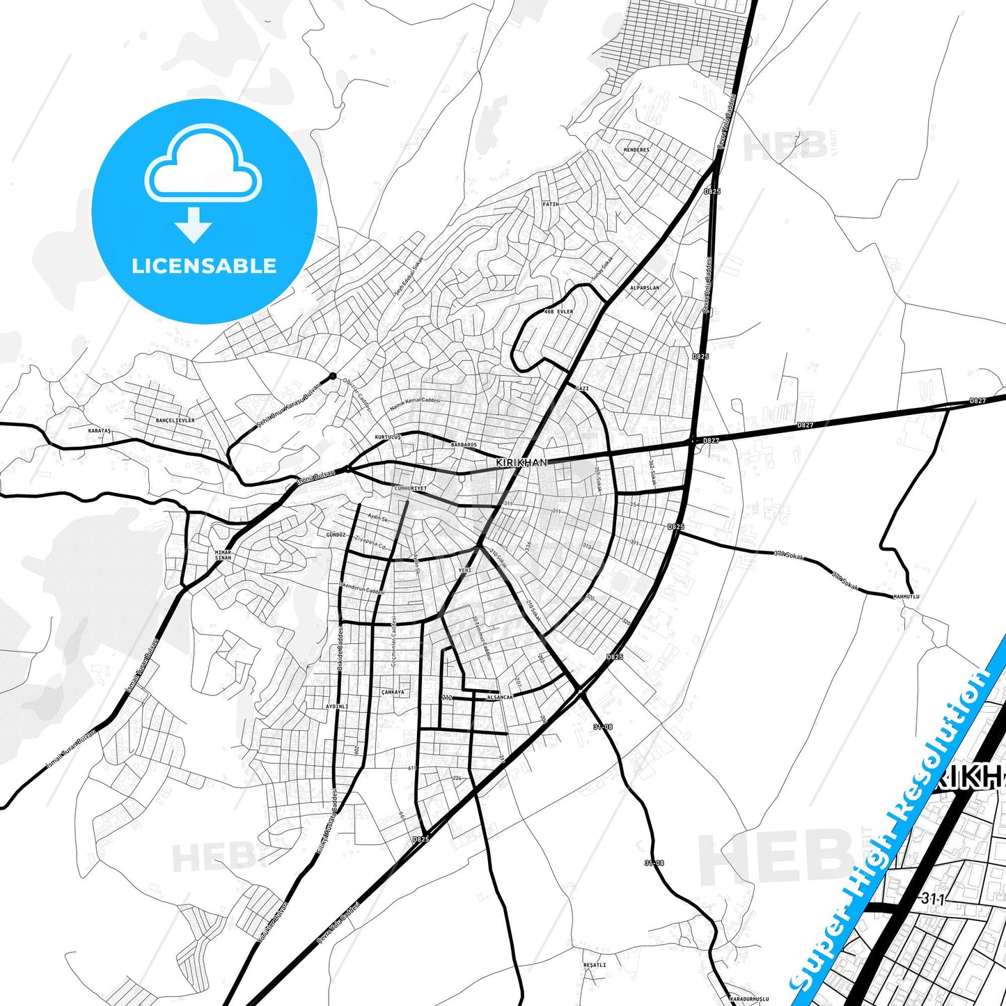 Kırıkhan, Turkey Light Map with Street Names, City Names, and Districts