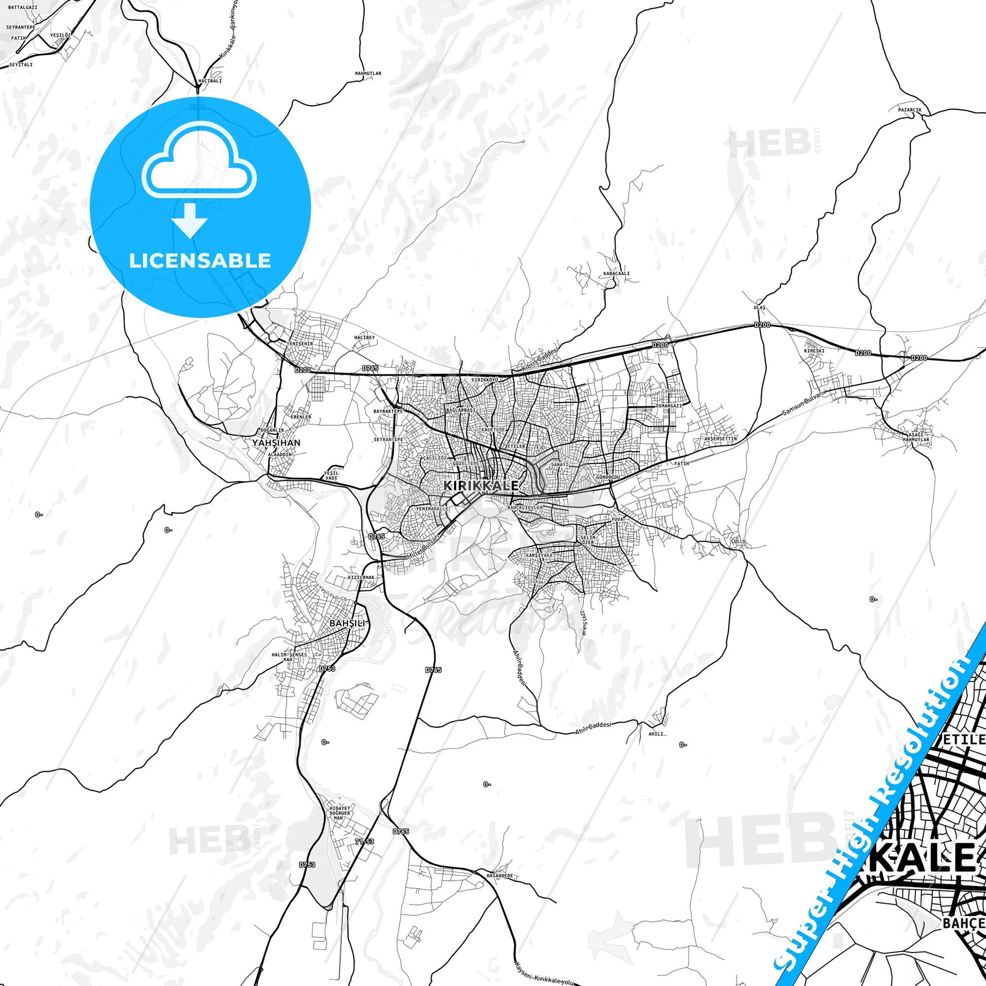 Kırıkkale, Turkey light map with streetnames, citynames and districts