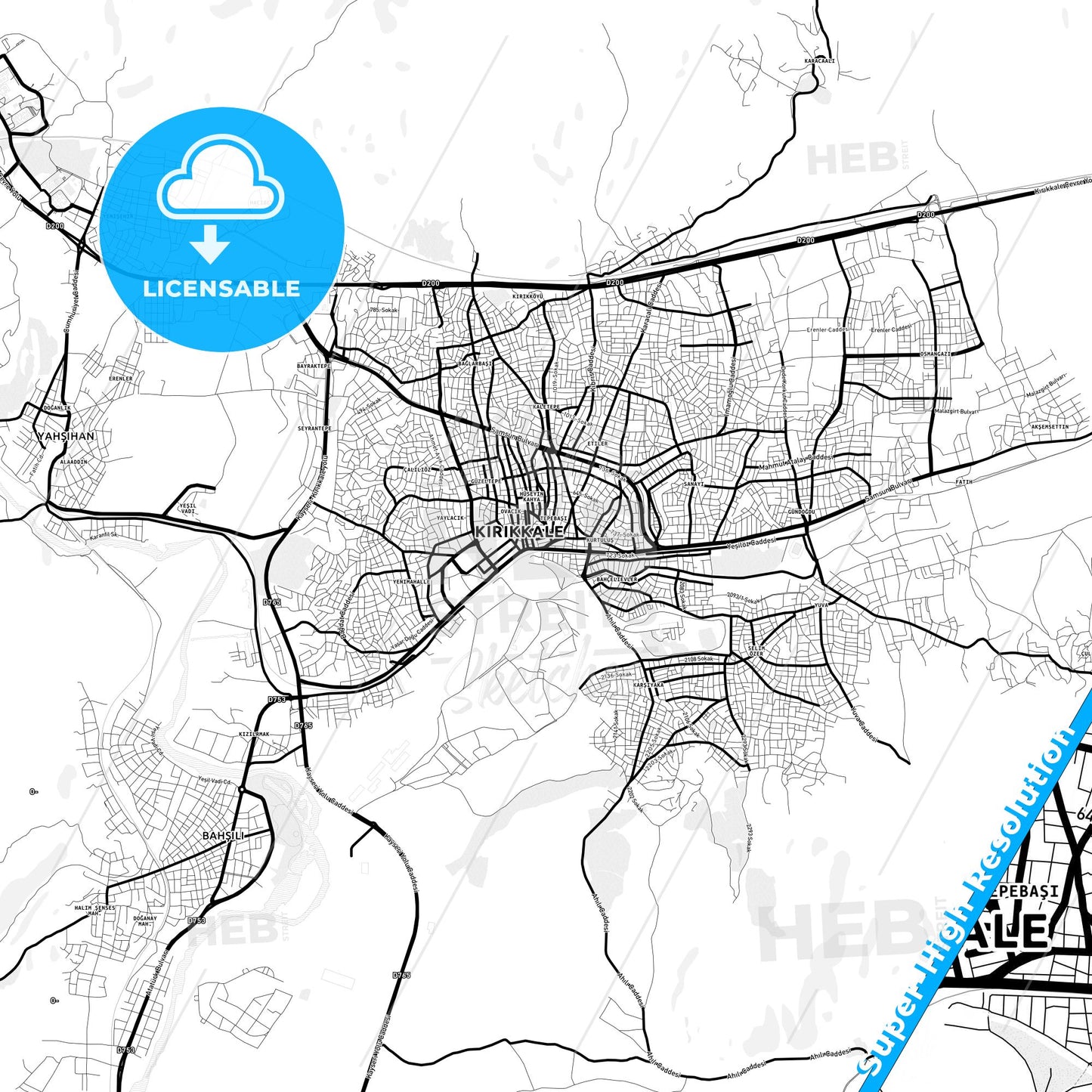 Kırıkkale, Turkey Light Map with Street Names, City Names, and Districts