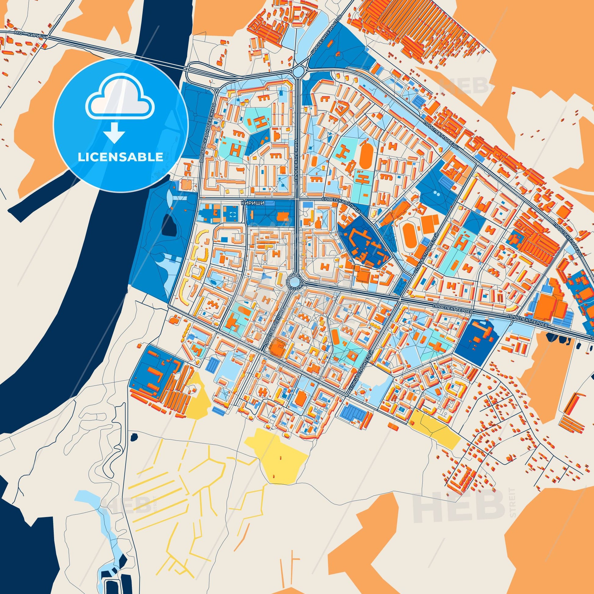Colorful Kirishi Street Map with Labels and Buildings