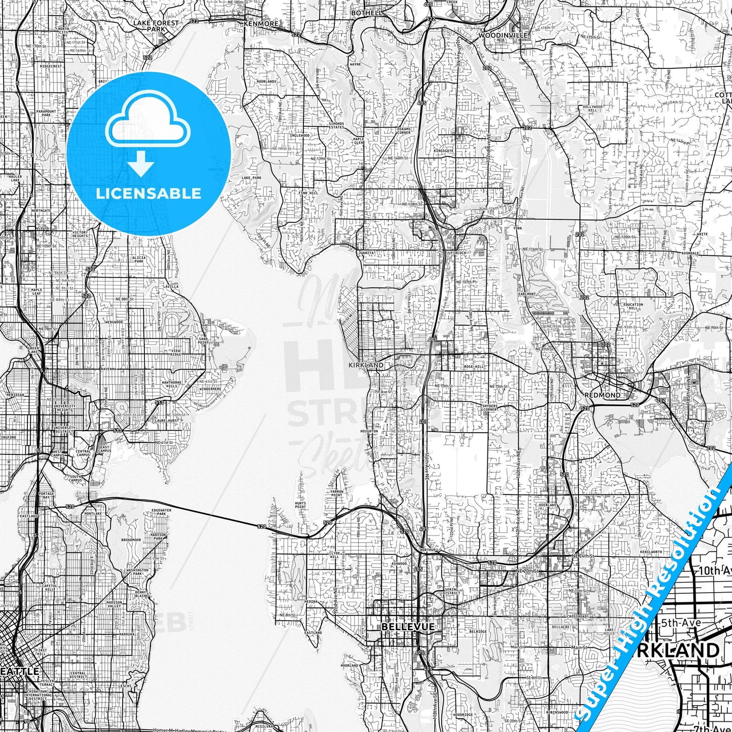 Kirkland, Washington light map with streetnames, citynames and districts