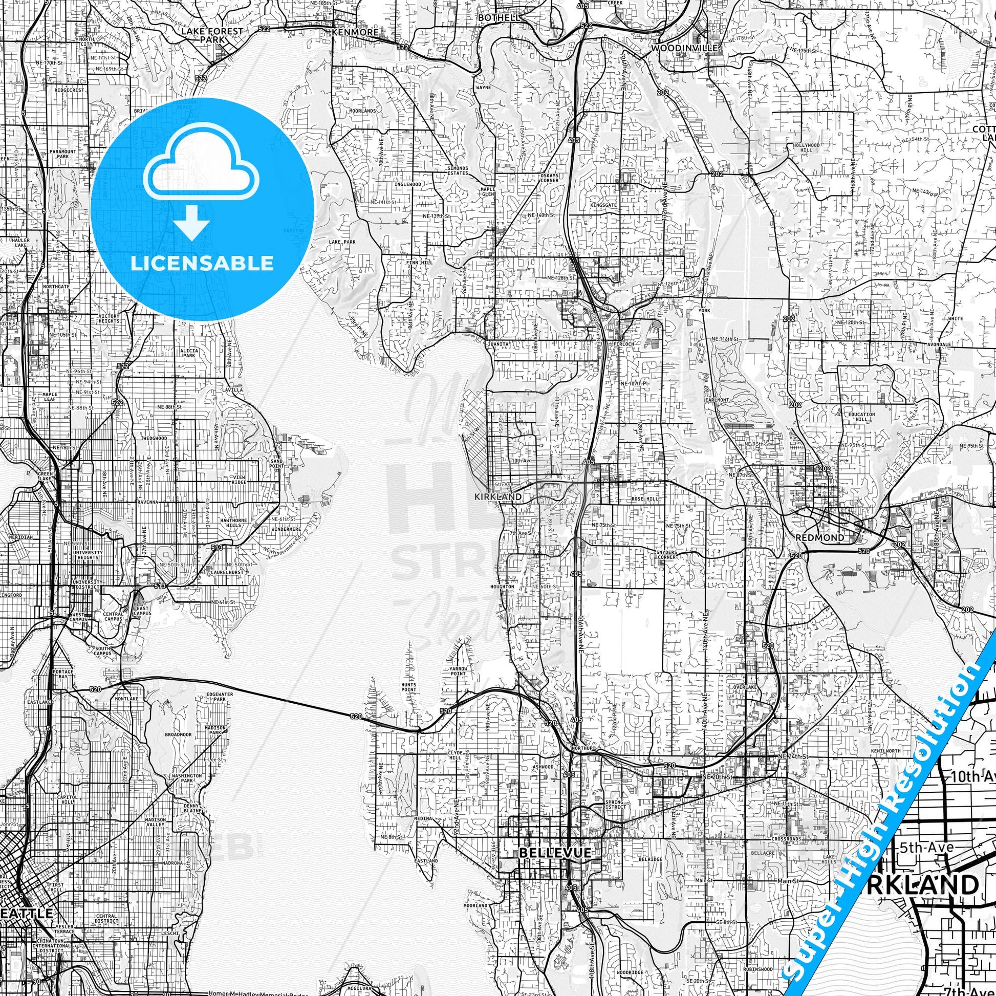 Kirkland, Washington light map with streetnames, citynames and districts