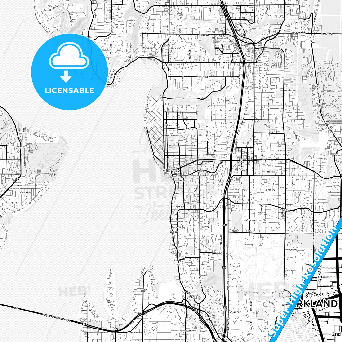 Kirkland, Washington Light Map with Street Names, City Names, and Districts