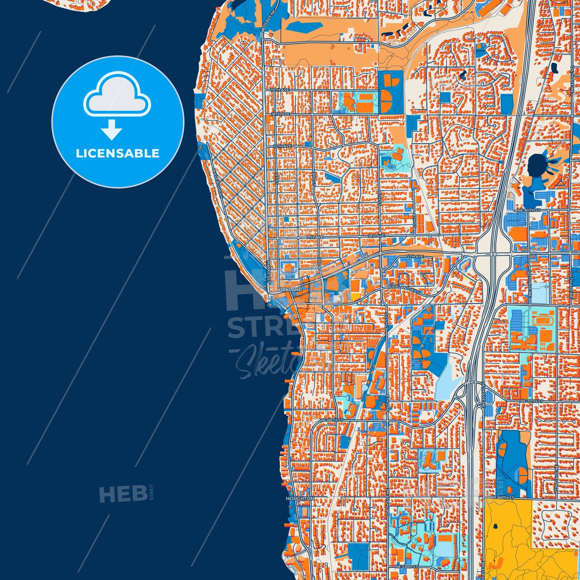 Colorful Kirkland Street Map with Labels and Buildings