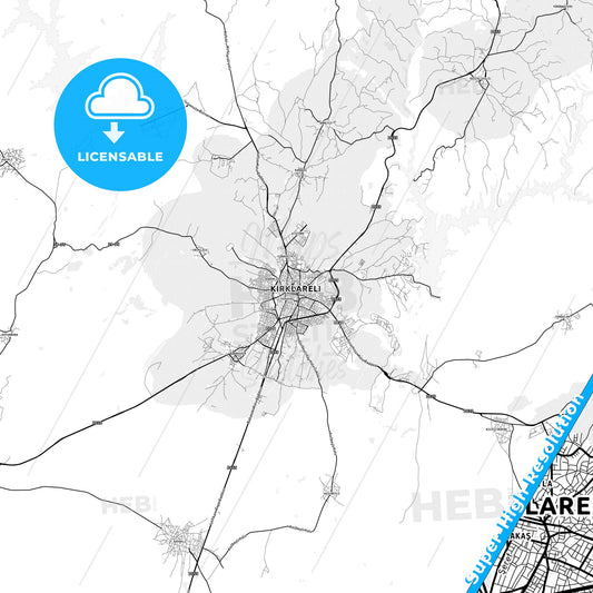 Kırklareli, Turkey light map with streetnames, citynames and districts
