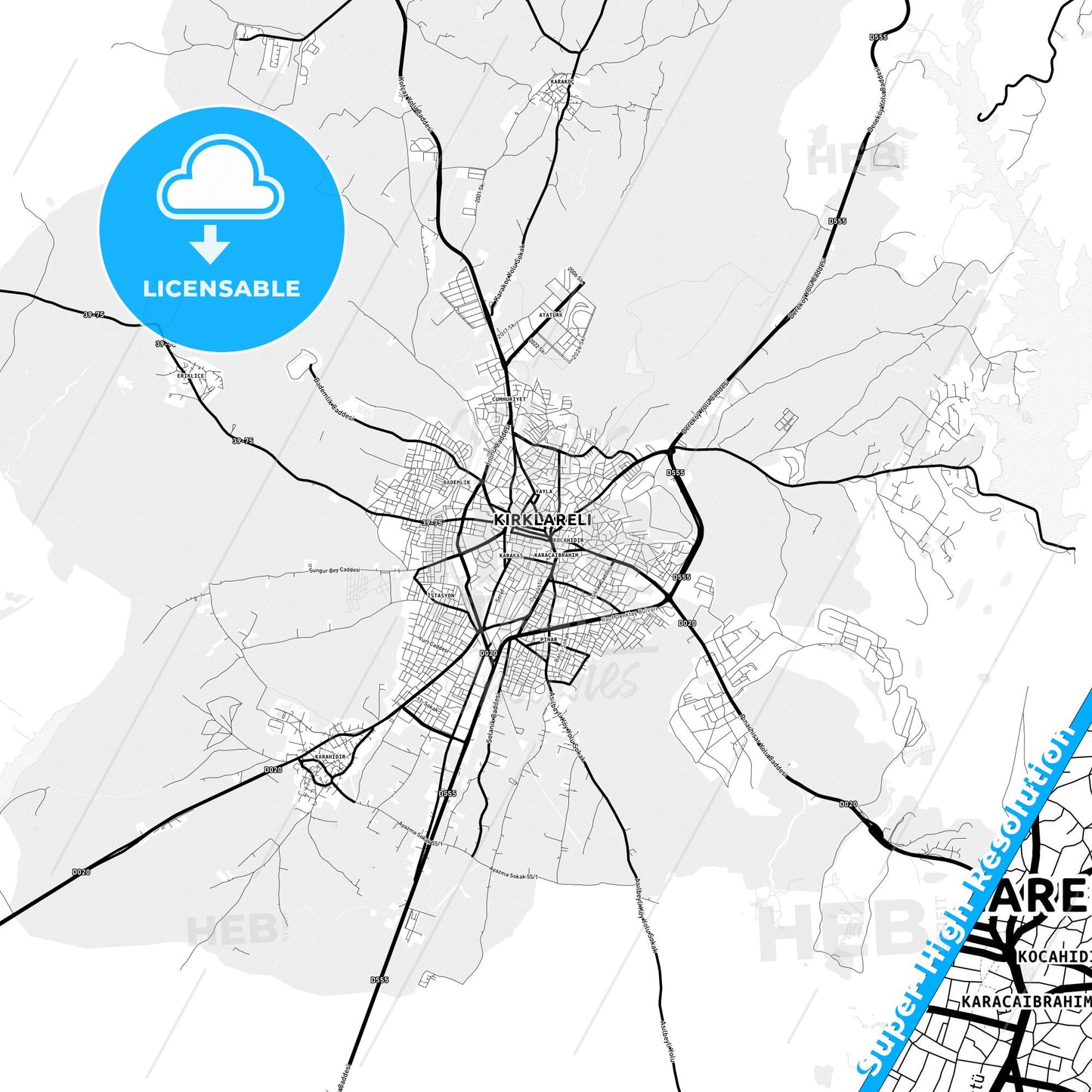 Kırklareli, Turkey Light Map with Street Names, City Names, and Districts