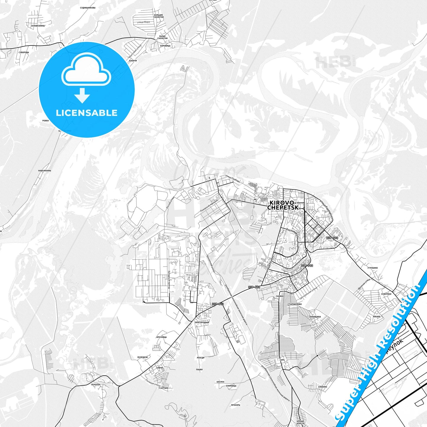 Kirovo-Chepetsk, Russia light map with streetnames, citynames and districts