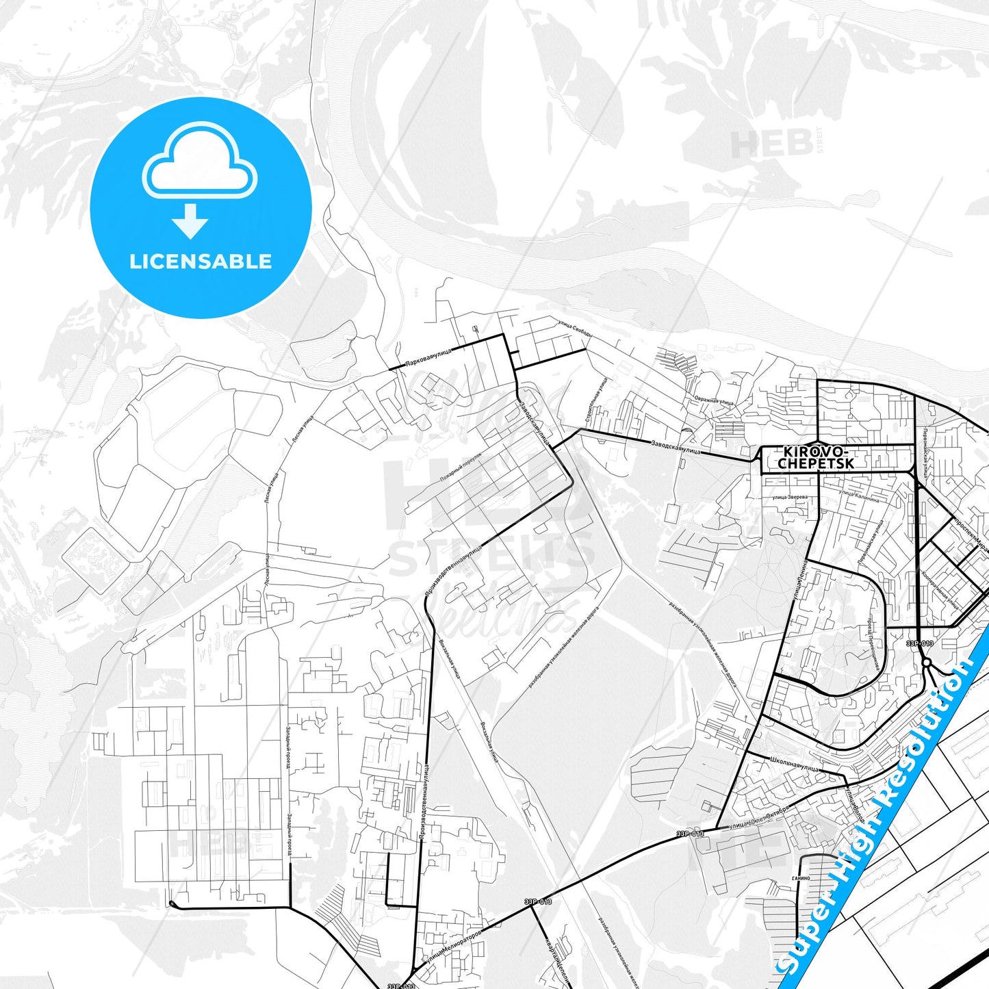 Kirovo-Chepetsk, Russia Light Map with Street Names, City Names, and Districts