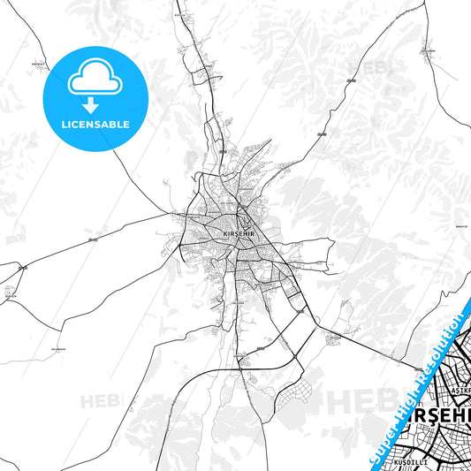 Kırşehir, Turkey light map with streetnames, citynames and districts