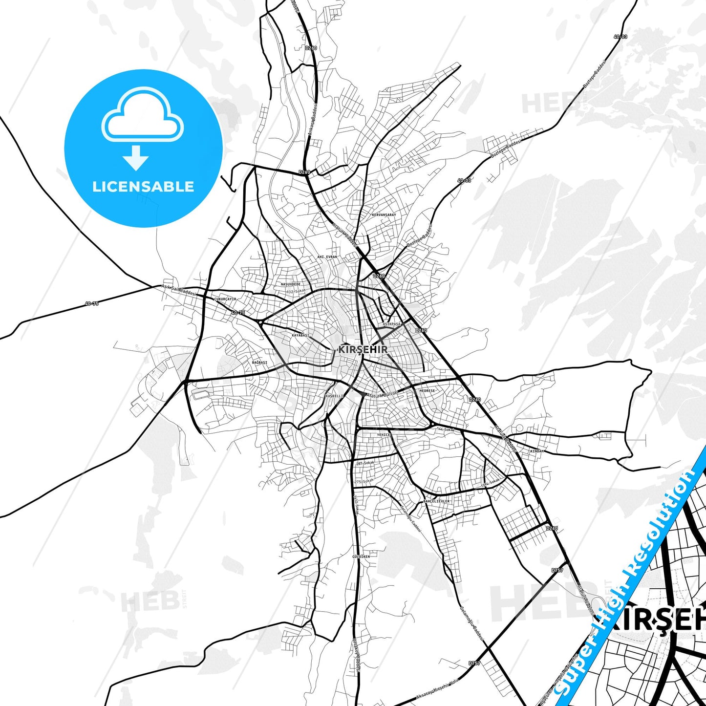 Kırşehir, Turkey Light Map with Street Names, City Names, and Districts