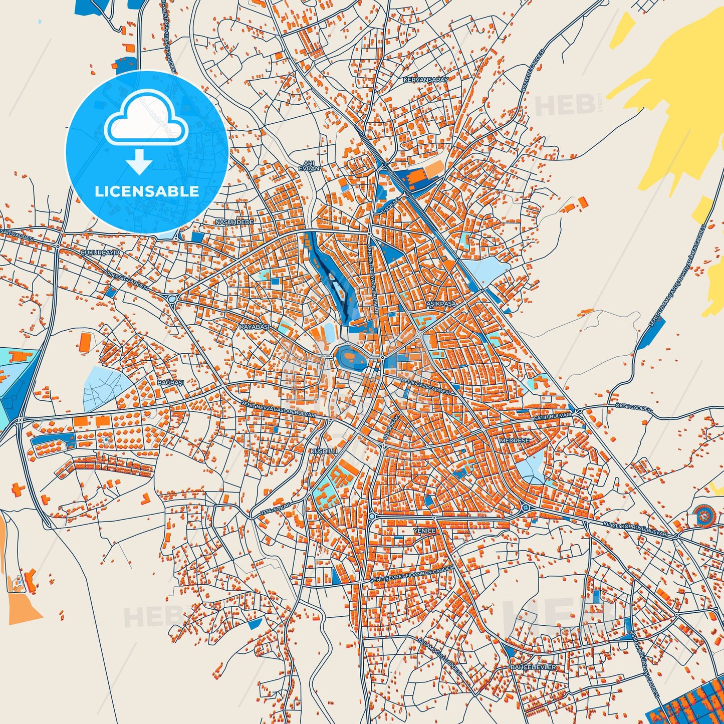 Colorful Kırşehir Street Map with Labels and Buildings