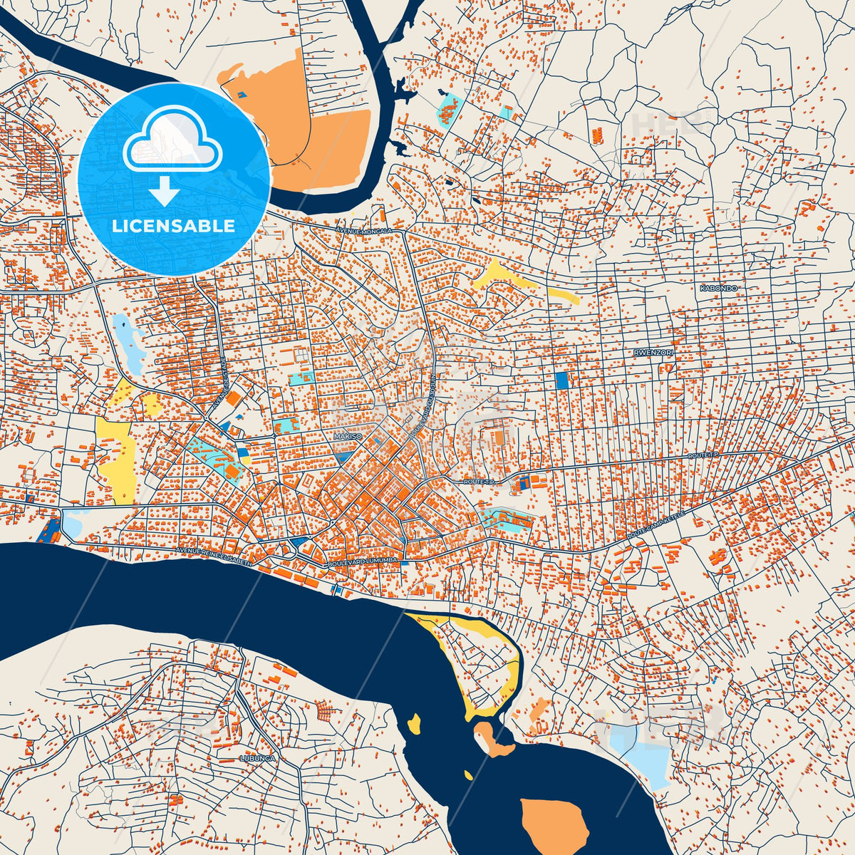 Colorful Kisangani Street Map with Labels and Buildings