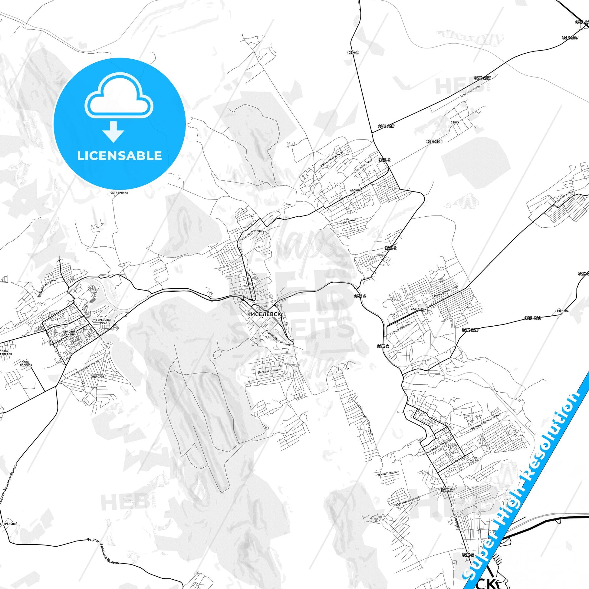 Kiselyovsk, Russia light map with streetnames, citynames and districts