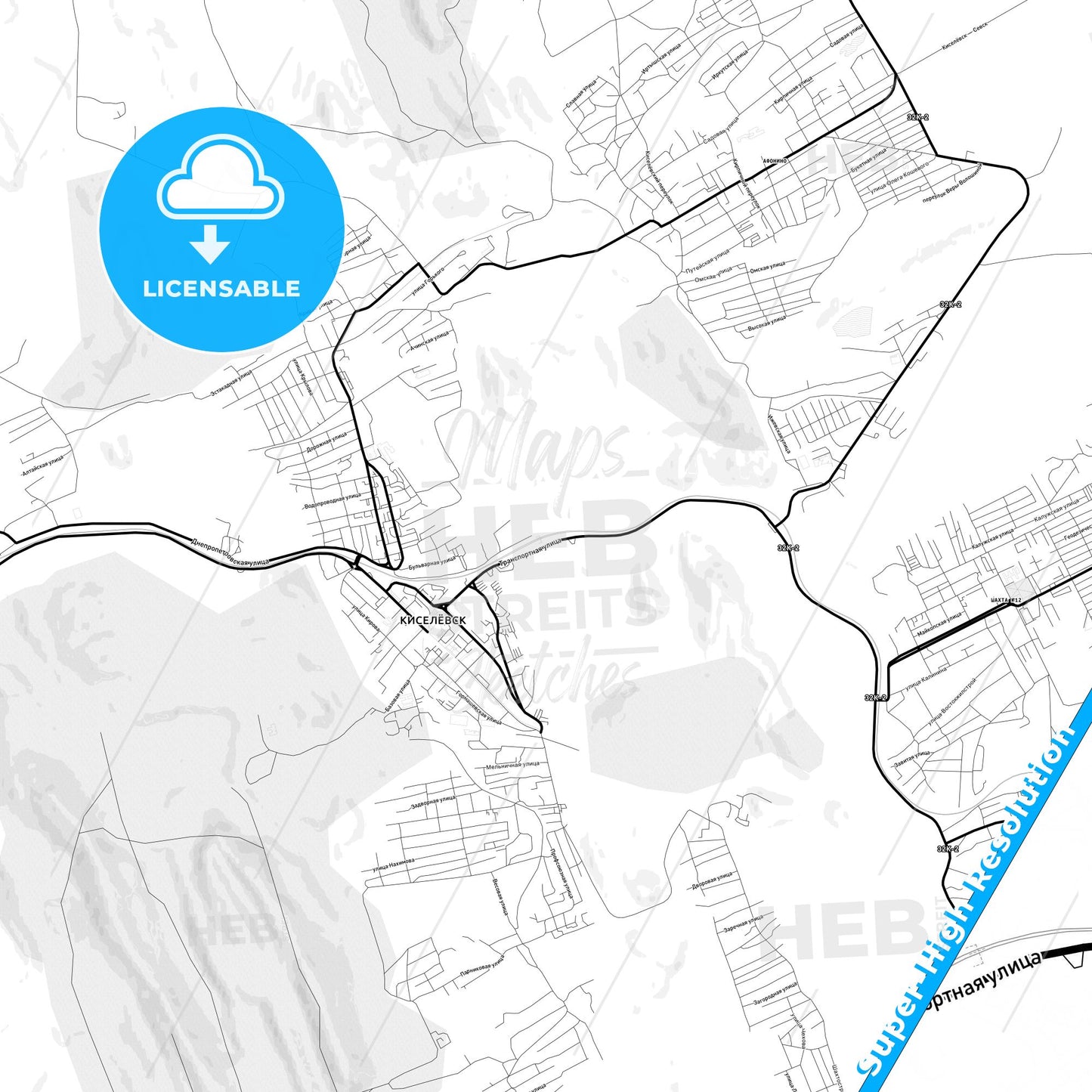 Kiselyovsk, Russia Light Map with Street Names, City Names, and Districts