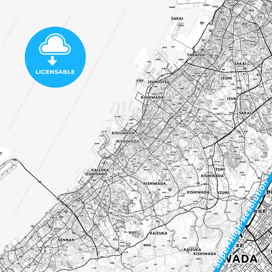 Kishiwada, Japan light map with streetnames, citynames and districts