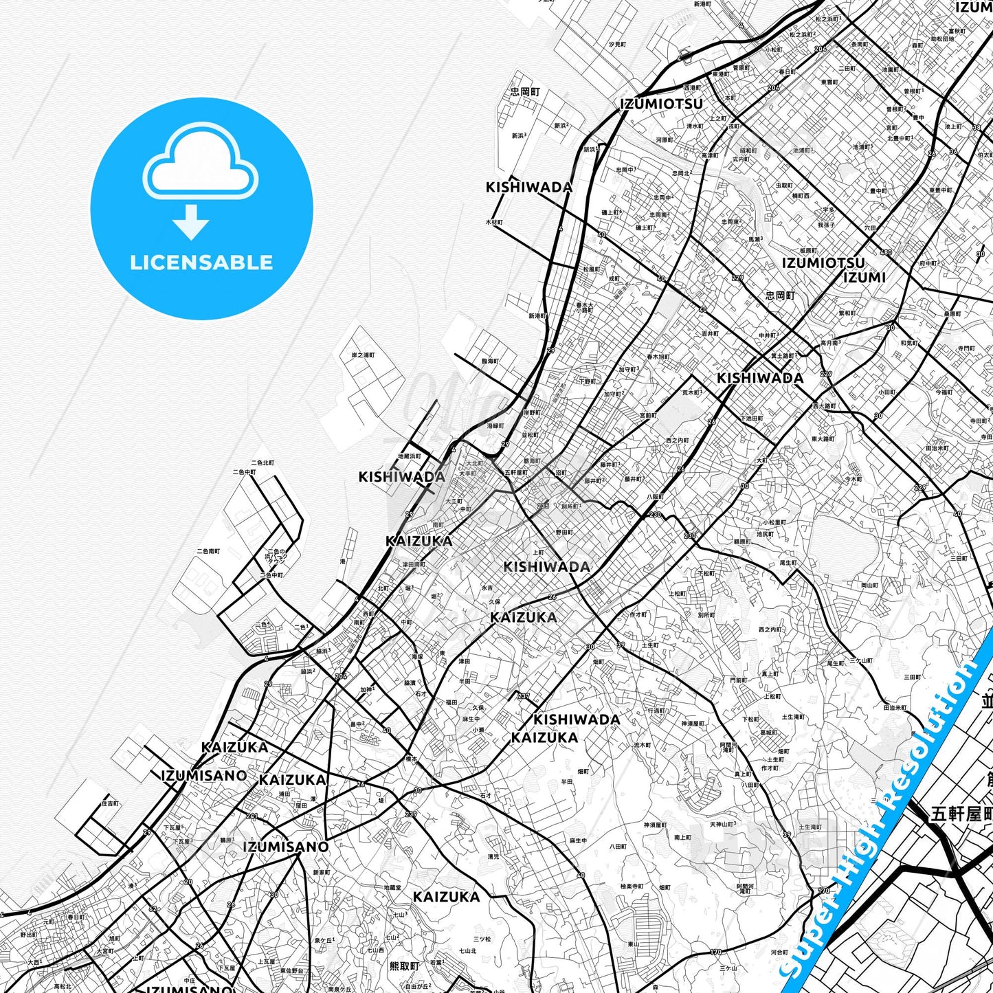 Kishiwada, Japan Light Map with Street Names, City Names, and Districts