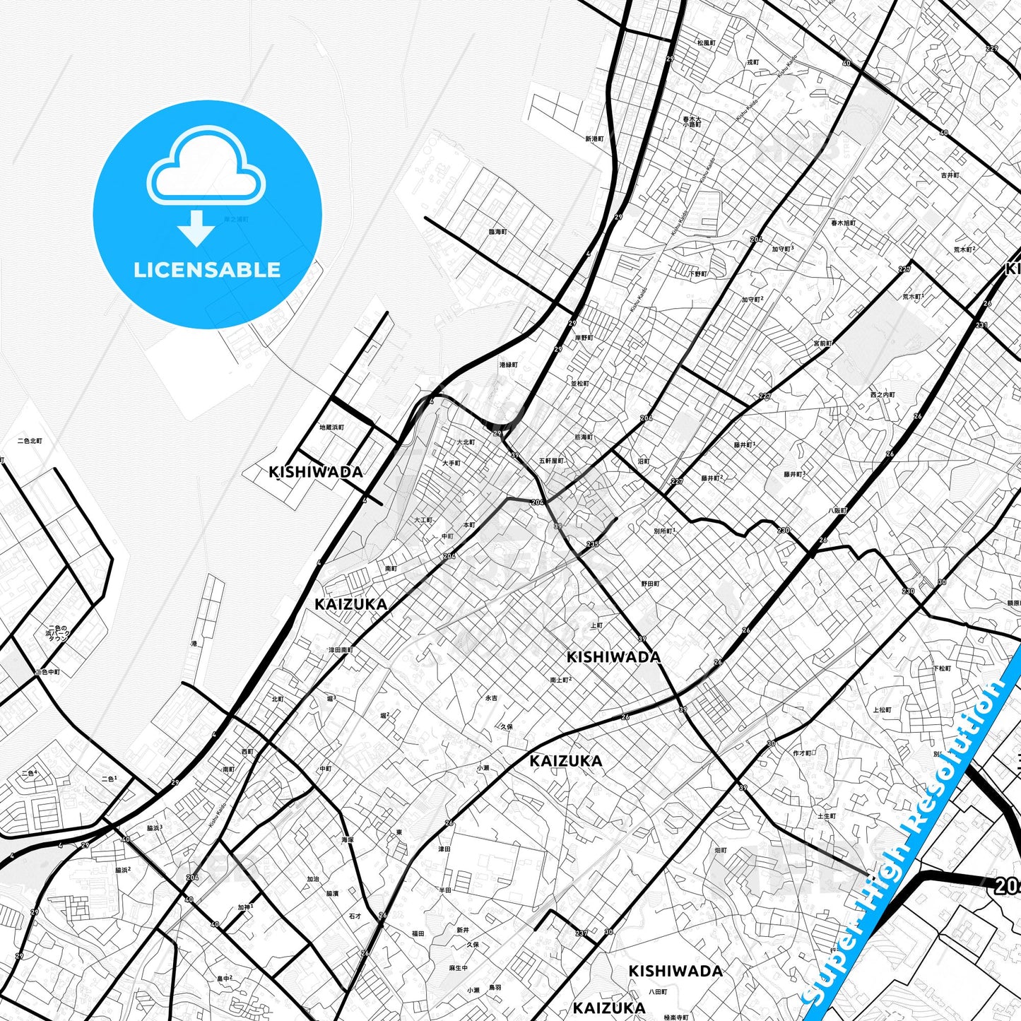 Kishiwada, Japan Light Map with Street Names, City Names, and Districts