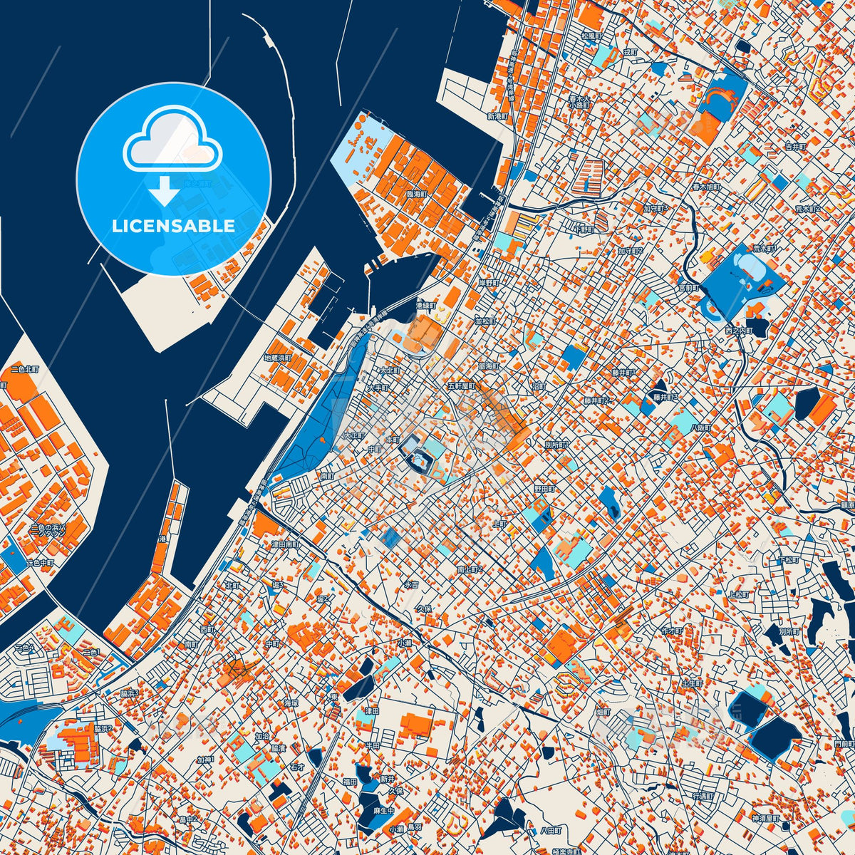 Colorful Kishiwada Street Map with Labels and Buildings