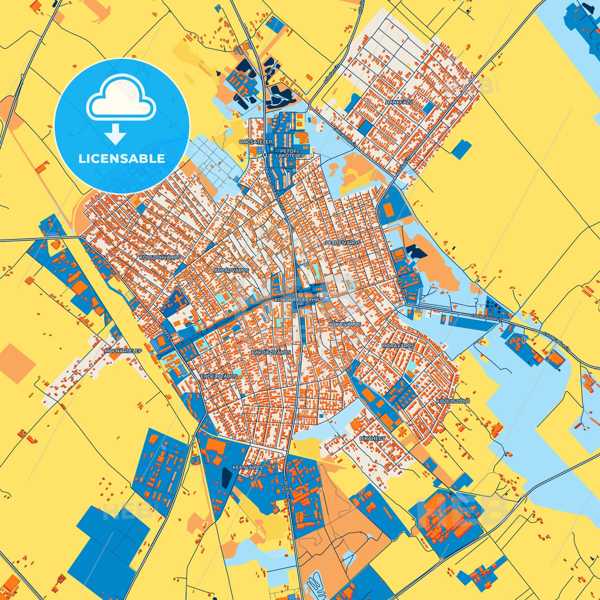 Colorful Kiskunfélegyháza Street Map with Labels and Buildings
