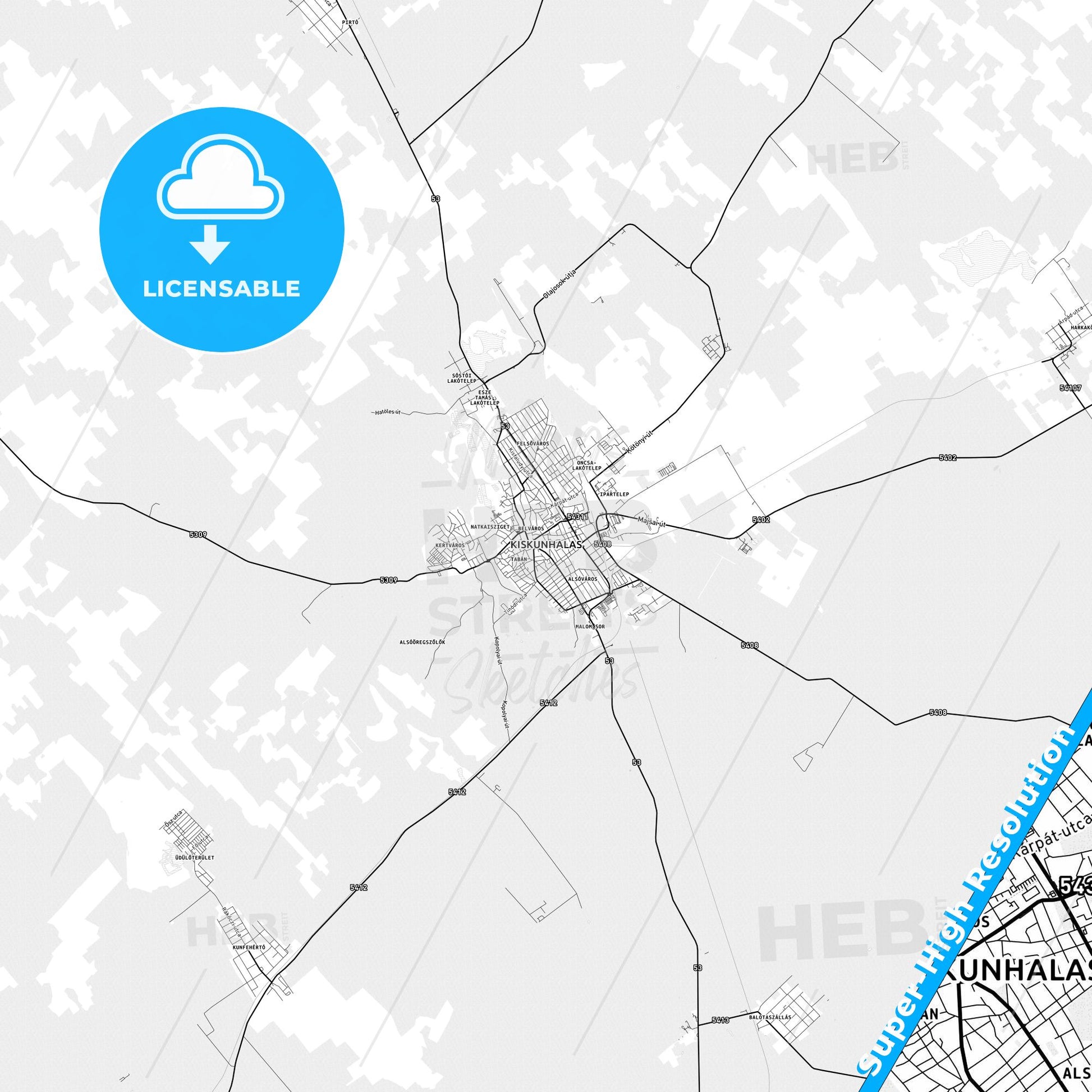 Kiskunhalas, Hungary light map with streetnames, citynames and districts