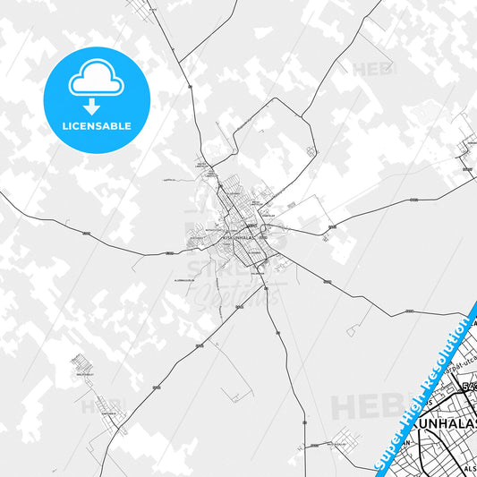 Kiskunhalas, Hungary light map with streetnames, citynames and districts