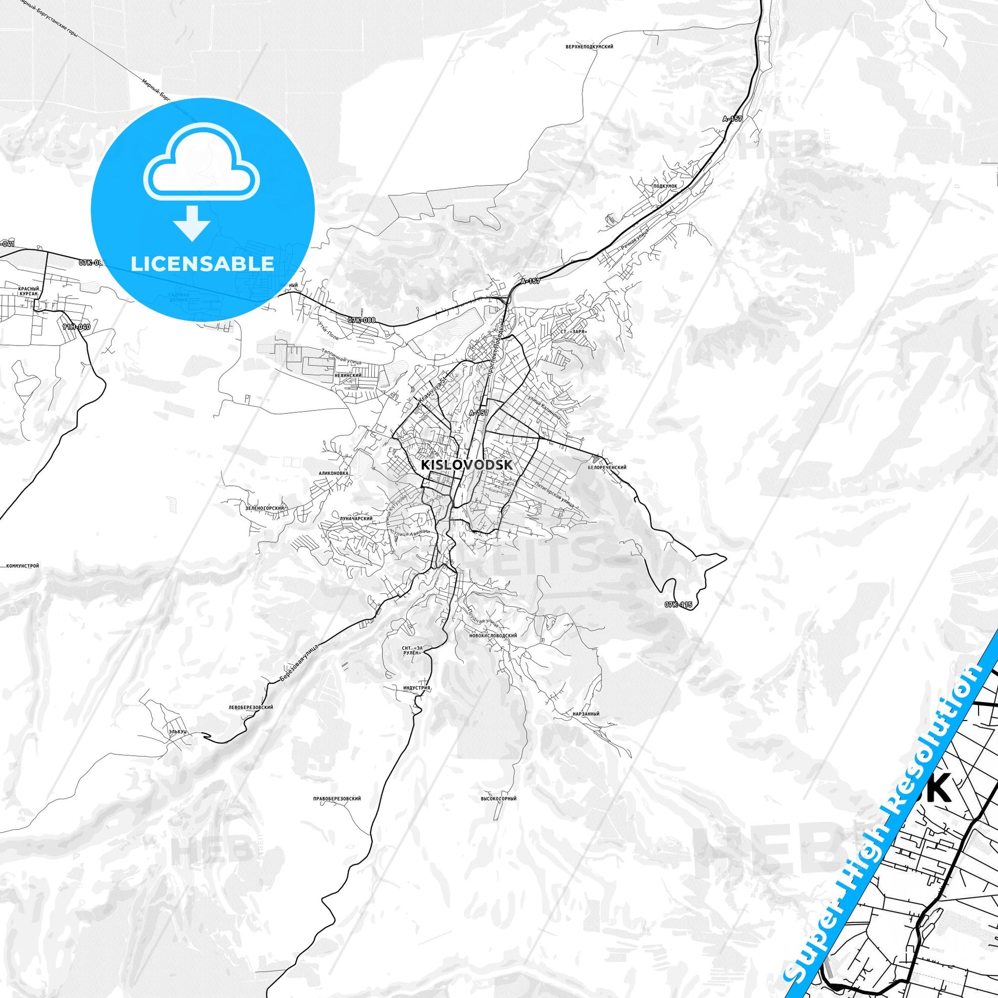 Kislovodsk, Russia light map with streetnames, citynames and districts