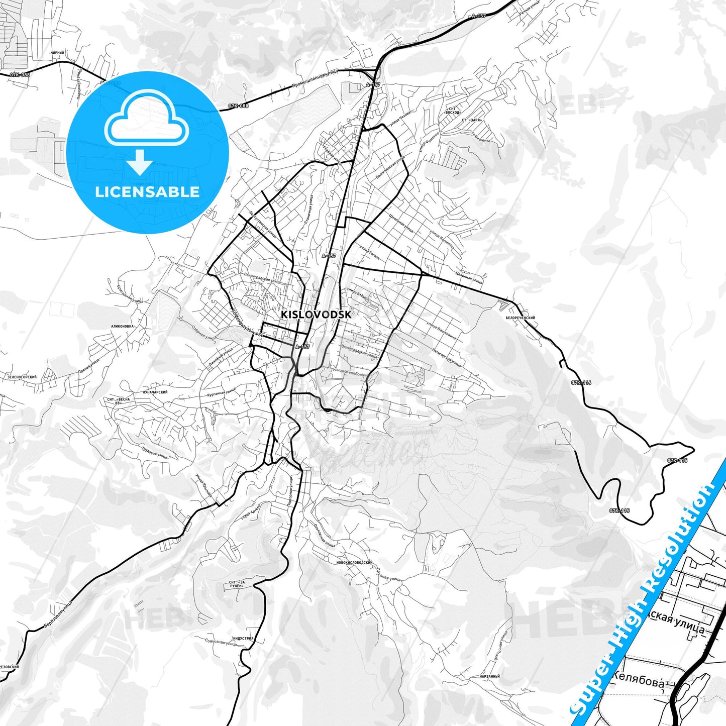 Kislovodsk, Russia Light Map with Street Names, City Names, and Districts