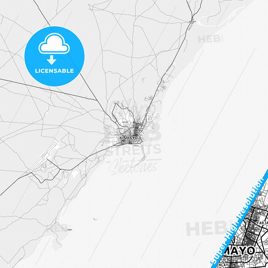 Kismayo, Somalia light map with streetnames, citynames and districts