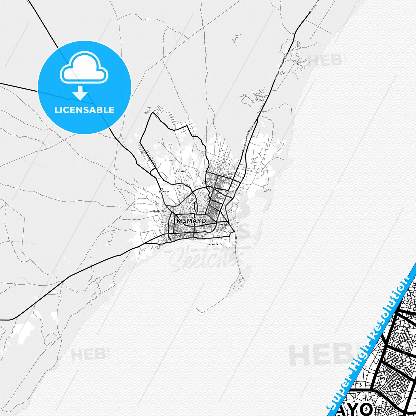 Kismayo, Somalia Light Map with Street Names, City Names, and Districts