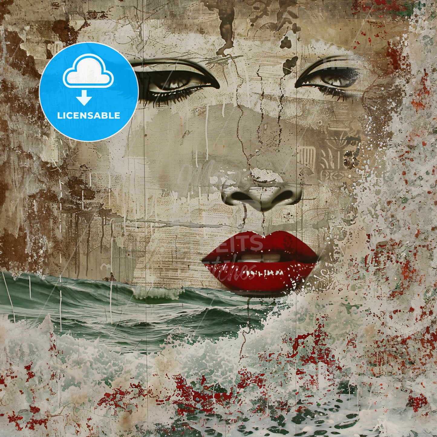 A Painting Of A Woman's Face And Waves