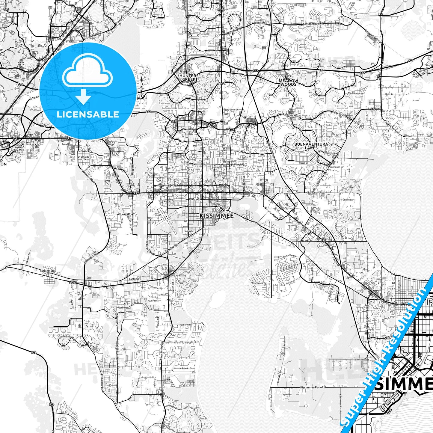 Kissimmee, Florida light map with streetnames, citynames and districts