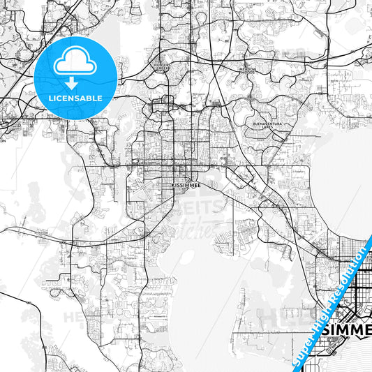 Kissimmee, Florida light map with streetnames, citynames and districts