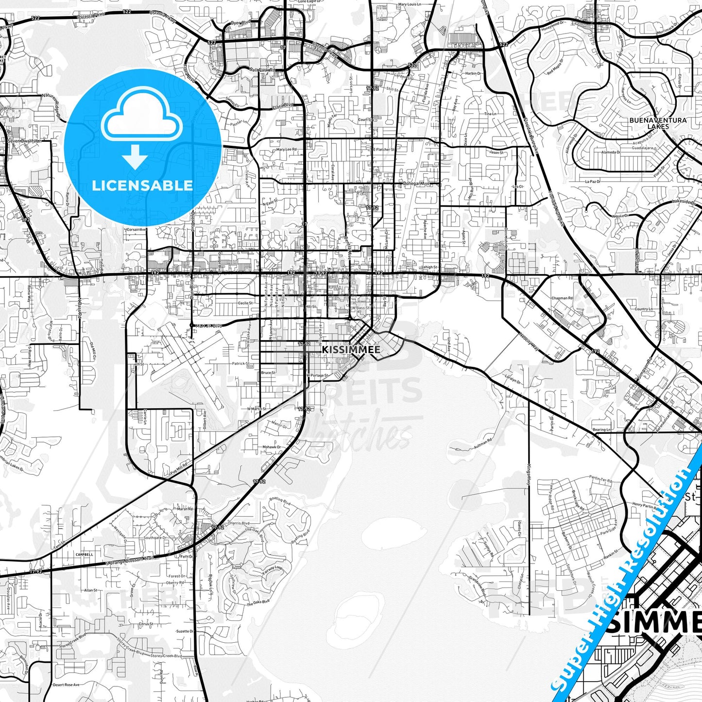 Kissimmee, Florida Light Map with Street Names, City Names, and Districts