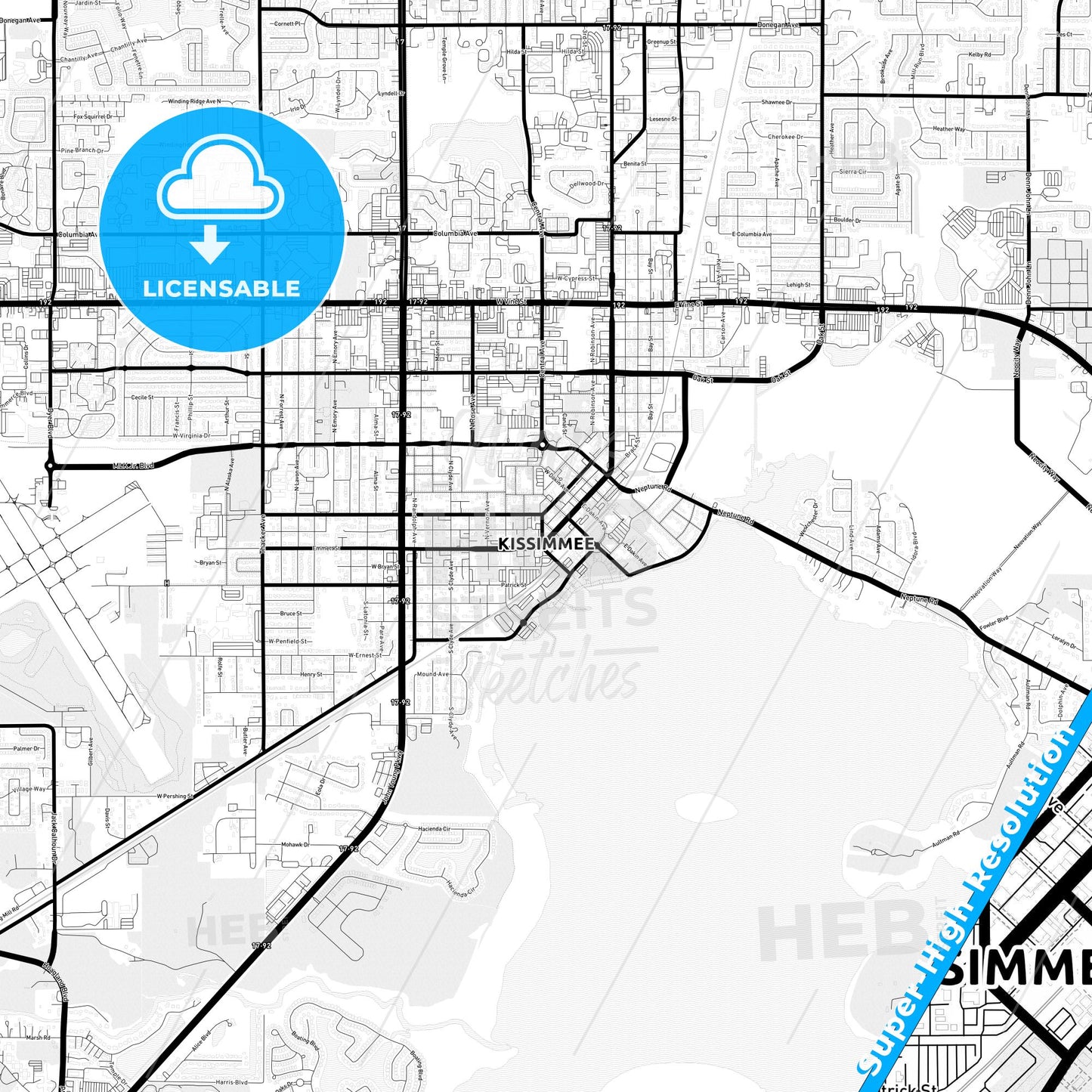 Kissimmee, Florida Light Map with Street Names, City Names, and Districts