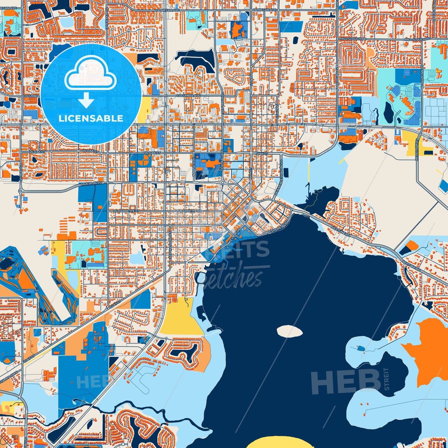 Colorful Kissimmee Street Map with Labels and Buildings