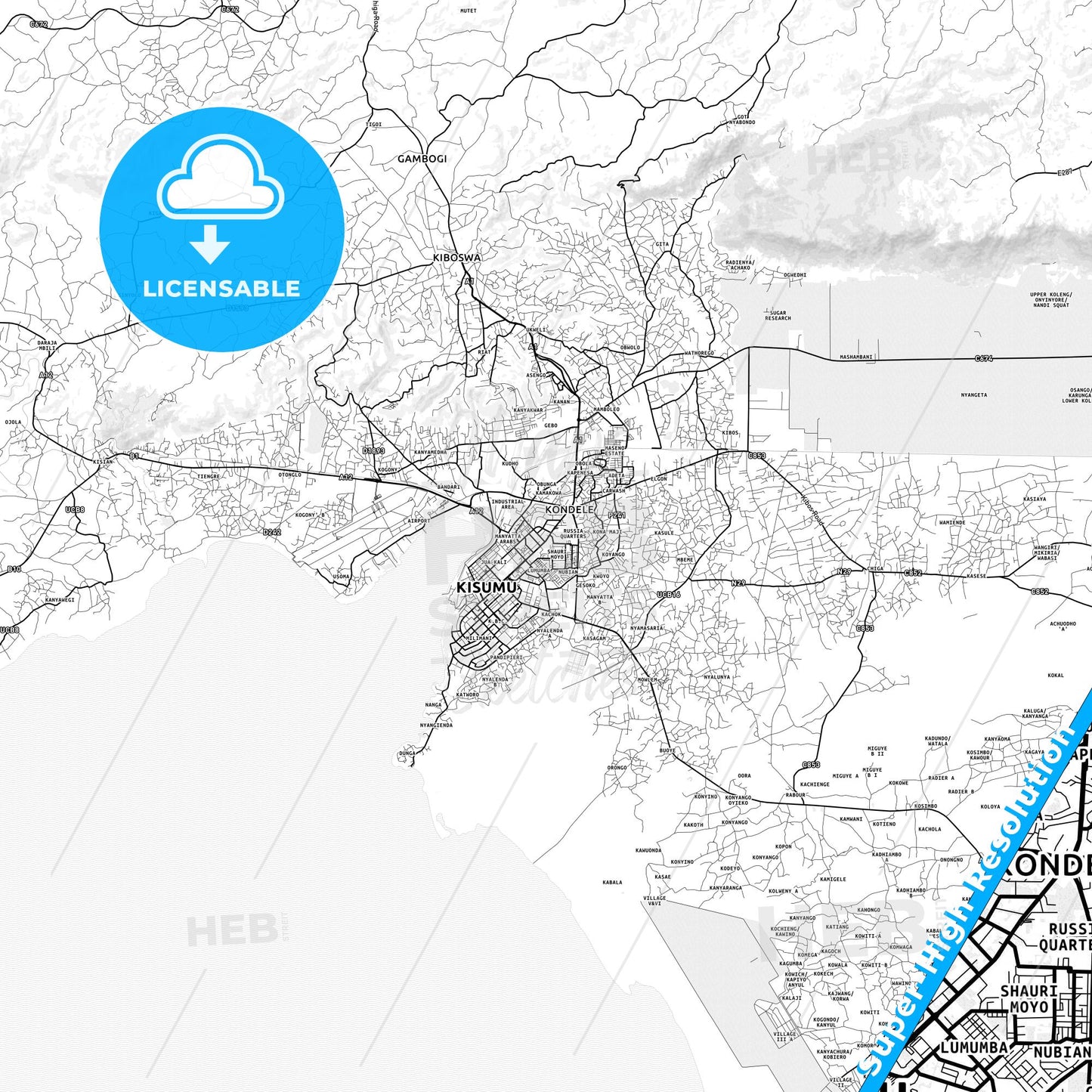 Kisumu, Kenya light map with streetnames, citynames and districts