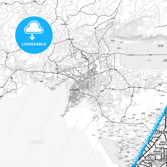 Kisumu, Kenya light map with streetnames, citynames and districts